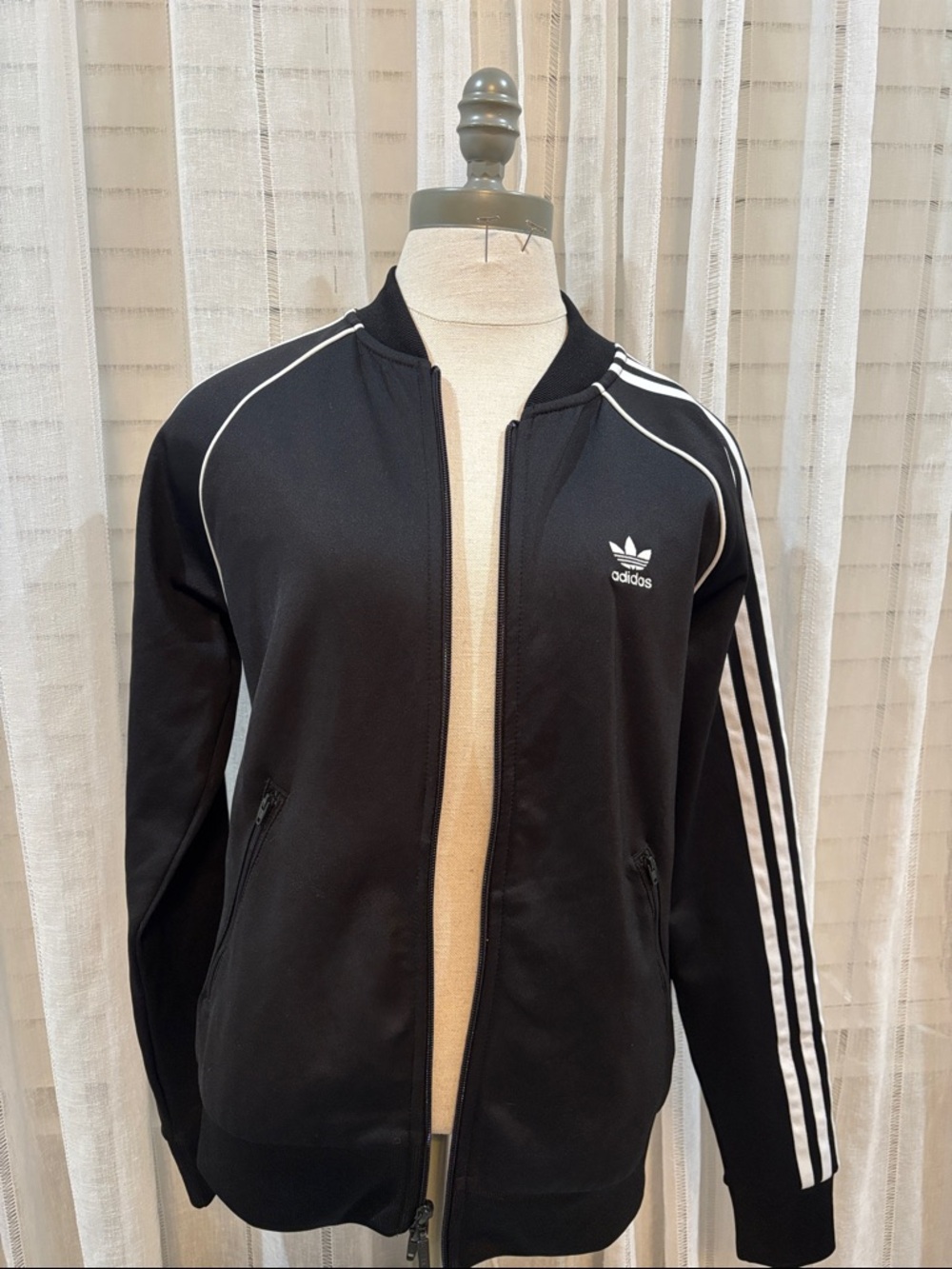 adidas Black Jacket with White Stripes and Piping